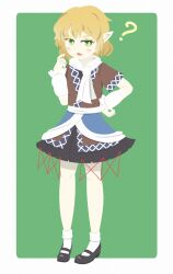 Rule 34 | 1girl, ?, absurdres, arm warmers, black shoes, black skirt, blonde hair, blush, bright pupils, brown shirt, chibeany, commentary request, full body, green eyes, hand on own hip, highres, looking at viewer, mary janes, mizuhashi parsee, no lineart, open mouth, pointing, pointing at self, pointy ears, sash, scarf, shirt, shoes, short hair, short sleeves, skirt, socks, solo, standing, touhou, two-tone background, white background, white pupils, white sash, white scarf, white socks