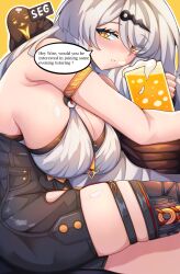 1girl absurdres arm_strap armpit_peek beer_mug bird black_gloves black_thighhighs blush breast_focus breasts cleavage cleavage_cutout clothing_cutout cup drinking elbow_gloves english_text eyebrows_hidden_by_hair eyes_visible_through_hair fingerless_gloves gloves gold_armlet hair_ornament high-waist_shorts highres holding holding_cup houkiz large_breasts long_hair looking_at_viewer mole mole_on_breast mug shorts single_thighhigh sitting smile solo teeth thigh_peek thigh_strap thighhighs thighs very_long_hair yi_xuan_(zenless_zone_zero) zenless_zone_zero