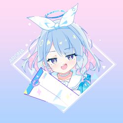 Rule 34 | 1girl, absurdres, arona (blue archive), blue archive, blue eyes, blue hair, blue halo, blue shirt, bow hairband, braid, bright pupils, choker, colored inner hair, commentary, envelope, gradient background, hairband, halo, highres, holding, holding envelope, looking at viewer, multicolored hair, open mouth, pink background, pink hair, qri, sailor collar, shirt, single braid, solo, upper body, white choker, white hairband, white pupils, white sailor collar