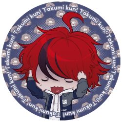 2boys ahoge aotsuki_eito black_hair blue_background blush chibi chibi_only closed_eyes english_text glasses hands_up long_sleeves male_focus messy_hair multicolored_hair multiple_boys open_mouth red_hair simple_background sumino_takumi sweat sweatdrop the_hundred_line_-last_defense_academy- transparent_background white_hair