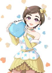 Rule 34 | 1girl, :d, artist name, bare shoulders, blush, bow, brown hair, choker, detached sleeves, hair bow, heart, highres, holding, holding heart, idol clothes, idolmaster, idolmaster cinderella girls, matsuo chizuru, open mouth, purple hair, short hair, skirt, smile, solo, sonakao, yellow bow, yellow skirt