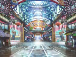 Rule 34 | artist request, bird, crane (animal), day, flag, folding fan, game cg, hallway, hand fan, hane (hanetsuki), hanetsuki, indoors, lantern, light rays, magia record: mahou shoujo madoka magica gaiden, mahou shoujo madoka magica, mall, new year, no humans, official art, paper lantern, scenery, sign, sunlight, window
