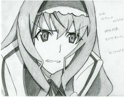 Rule 34 | 1girl, annoyed, cecilia alcott, clenched teeth, drill hair, hairband, highres, infinite stratos, japanese text, long hair, looking at viewer, monochrome, school uniform, sketch, solo, teeth, traditional media, translation request, very long hair