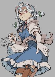 1girl apron blue_dress braid dated dress elbow_gloves frilled_apron frilled_dress frills gloves green_ribbon grey_background grey_hair hair_ribbon highres holding holding_pocket_watch hounori izayoi_sakuya knife looking_at_viewer maid maid_headdress pocket_watch red_eyes ribbon signature simple_background solo thigh_strap touhou twin_braids watch white_apron white_gloves
