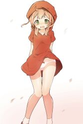 ankle_socks arms_behind_back blush collarbone commentary_request cowlick d: dot_nose dress embarrassed feet_out_of_frame flat_chest furrowed_brow green_eyes hood hoodie knees_together_feet_apart long_hoodie medium_hair nose_blush open_mouth orange_hair original panties pantyshot red_dress red_hoodie rekindlingburn short_sleeves simple_background socks solo tareme thigh_gap underwear white_background white_socks wind wind_lift