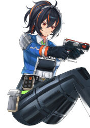 Rule 34 | 1girl, absurdres, ahoge, artist name, ass, black gloves, black hair, black pants, blue jacket, breasts, closed mouth, gloves, grey hairband, gun, hairband, handgun, high-waist pants, highres, holding, holding gun, holding weapon, jacket, large breasts, long hair, looking to the side, motor vehicle, multicolored hair, muramasa dash, orange hair, pants, police, police uniform, policewoman, ponytail, red eyes, sitting, solo, streaked hair, thighs, weapon, white background, zenless zone zero, zhu yuan