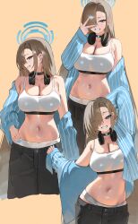 1girl absurdres asuna_(blue_archive) asymmetrical_bangs black_choker black_pants blue_archive blue_jacket blush breasts brown_hair choker cleavage collarbone commentary cropped_legs fingernails hair_over_one_eye halo headphones headphones_around_neck highres jacket jacket_partially_removed kono_(xerondan321) large_breasts long_hair looking_at_viewer mole mole_on_breast multiple_views nail_polish navel one_eye_covered panties pants pinstripe_pattern simple_background smile sports_bra stomach straight_hair underwear very_long_hair w white_panties white_sports_bra yellow_background
