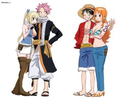 Rule 34 | 2boys, 2girls, abs, arm around neck, bare shoulders, bikini, bikini top only, black hair, blonde hair, blue bow, blue pants, blue shirt, blue shorts, blush, boots, bow, breasts, brown boots, brown eyes, cleavage, closed mouth, commentary request, cross scar, crossed arms, crossover, denim, facial scar, facing another, fairy tail, flip-flops, full body, fur-trimmed shorts, fur trim, green bikini, grin, hair bow, hand on own hip, hat, high heel sandals, high heels, high ponytail, highres, jeans, large breasts, long hair, looking at another, lucy heartfilia, miniskirt, monkey d. luffy, multiple boys, multiple girls, nami (one piece), nami (one piece) (return to sabaody), natsu dragneel, navel, norisiro 0, one piece, open clothes, open shirt, orange hair, pants, pink hair, ponytail, red shirt, sandals, sash, scar, scar on cheek, scar on chest, scar on face, scarf, shirt, short hair, shorts, shoulder tattoo, skirt, sleeveless, sleeveless shirt, smile, spiked hair, standing, stomach, straw hat, striped bikini, striped clothes, swimsuit, tattoo, thigh boots, twitter username, waving, wavy hair, white background, white pants, white skirt, yellow sash