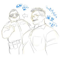 Rule 34 | 1boy, alternate body size, arrow (symbol), bara, bespectacled, billy russell (dickfish), chibi, chibi inset, collage, dickfish (fishismdick), double chin, english text, facial hair, fat, fat man, glasses, graphite (medium), greyscale, highres, john rottweil (dickfish), large pectorals, light smile, looking at viewer, male focus, mature male, military uniform, monochrome, muscular, muscular male, mustache, obese, original, pectorals, pencil mustache, shirt, short hair, sketch, sparse stubble, thick eyebrows, traditional media, translation request, undercut, yaoi