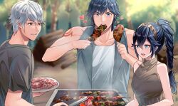 1girl 2boys alternate_hairstyle ameno_(a_meno0) arm_tattoo blue_eyes blue_hair braid braided_ponytail breasts brown_hair chrom_(fire_emblem) cooking crests_(fire_emblem) eating father_and_daughter fire_emblem fire_emblem_awakening food forest grey_hair grill grilling long_hair lucina_(fire_emblem) male_robin_(fire_emblem) meat multiple_boys nature nintendo outdoors plate shirt short_hair sleeveless small_breasts symbol-shaped_pupils tattoo tree wood