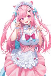 1girl absurdres animal_ear_fluff animal_ears apron belt blue_bow blush bow bowtie cat_ears cat_girl cat_tail commentary_request fang frilled_apron frilled_sleeves frills hair_bow hair_ornament heart heart_belt_buckle heart_hair_ornament highres indie_virtual_youtuber kaze_22 korean_commentary long_hair looking_at_viewer maid maid_apron maid_headdress open_mouth paw_pose paw_print pink_belt pink_bow pink_bowtie pink_eyes pink_hair pink_shirt puffy_short_sleeves puffy_sleeves shirt short_sleeves simple_background smile solo tail too_many_hair_ornaments two_side_up virtual_youtuber waist_apron waist_bow white_apron white_background white_headdress white_wrist_cuffs wing_hair_ornament wrist_cuffs yuuki_sakuna