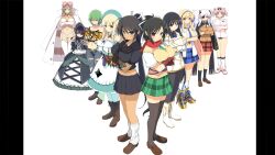 6+girls absurdres animal_ears armor armored_boots arms_under_breasts asuka_(senran_kagura) back-to-back bare_shoulders belt beret black_bow black_hair black_pantyhose black_ribbon black_serafuku blonde_hair blue_buruma blue_eyes blue_hairband blue_necktie blue_ribbon blue_skirt blunt_bangs blush boots bow breasts brown_boots brown_eyes brown_hair brown_jacket brown_shoes brown_vest buruma cat_ears cleavage cleavage_cutout clothing_cutout collarbone cross-shaped_pupils crossed_arms curly_hair dark-skinned_female dark_skin denim detached_collar dress eyepatch garter_straps gloves gluteal_fold gothic_lolita green_dress green_eyes green_hair green_skirt grey_thighhighs grin hair_bow hair_ornament hair_ribbon hairband hairclip haruka_(senran_kagura) hat hibari_(senran_kagura) highres hikage_(senran_kagura) homura_(senran_kagura) huge_breasts ikaruga_(senran_kagura) jacket jeans katsuragi_(senran_kagura) lab_coat large_bow large_breasts leaning_forward leg_warmers light_frown lolita_fashion long_hair looking_at_viewer medium_hair midriff mirai_(senran_kagura) multiple_girls navel necktie no_bra non-web_source official_art open_clothes open_shirt ouroboros panties pants pantyhose pillarboxed pink_bow pink_hair pink_shirt plaid_clothes plaid_dress plaid_skirt ponytail red_eyes red_necktie red_scarf red_skirt ribbon scarf school_uniform senran_kagura senran_kagura_burst serafuku shirt shoes short_hair short_twintails shoulder_armor shuriken shuriken_hair_ornament simple_background skirt slit_pupils smile socks sword symbol-shaped_pupils tan tattoo thighhighs thong torn_clothes torn_jeans torn_pants track_jacket twintails umbrella unbuttoned underwear very_long_hair vest vial weapon white_background white_gloves white_hair white_jacket white_panties white_ribbon white_shirt white_shoes white_socks white_thighhighs yaegashi_nan yagyu_(senran_kagura) yellow_eyes yomi_(senran_kagura)