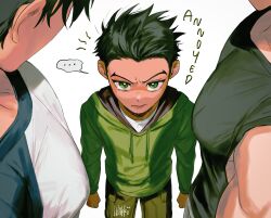 3boys absurdres artist_name bara batman_(series) black_hair black_pants black_shirt black_tank_top brothers closed_mouth damian_wayne dc_comics english_text green_eyes green_hoodie highres hood hood_down hoodie iwakki jason_todd large_pectorals looking_at_another male_focus multiple_boys muscular muscular_male pants pectorals shirt short_hair siblings speech_bubble tank_top tim_drake two-tone_shirt white_shirt