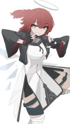 Rule 34 | 1girl, absurdres, arknights, bandaged leg, bandages, black gloves, chinese commentary, closed mouth, commentary request, exusiai (arknights), exusiai the new covenant (arknights), fingerless gloves, gloves, grey halo, hair between eyes, halo, hands up, highres, looking at viewer, medium hair, one side up, red hair, shanchui, simple background, smile, solo, traditional halo, white background, yellow eyes