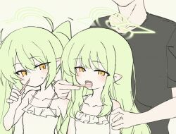 Rule 34 | 1boy, 2girls, animated, animated gif, bare arms, black shirt, blue archive, brushing another&#039;s teeth, brushing teeth, chinese commentary, commentary request, dress, green hair, green halo, halo, heart, highres, hikari (blue archive), long hair, looking at another, meng yin, multiple girls, nozomi (blue archive), open mouth, pointy ears, shirt, siblings, sisters, sleeveless, sleeveless dress, squeans, toothbrush, twins, white background, white dress, yellow eyes