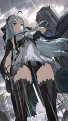 1girl absurdres ahoge arm_at_side black_bow black_gloves black_hairband black_jacket black_panties black_thighhighs blue_eyes boots bow breasts carlotta_(wuthering_waves) closed_mouth cloud cloudy_sky commentary cowboy_shot cracked_skin dress english_commentary gloves graveyard hair_bow hairband hand_in_own_hair highres jacket long_hair looking_ahead official_alternate_color outdoors panties rain ryeon_(bluetom1) sidelocks sky small_breasts solo thigh_boots thighhighs thighhighs_under_boots thighs underwear white_dress white_hair wind wuthering_waves