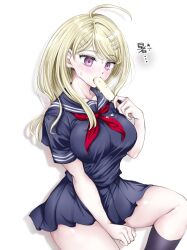 1girl ahoge akamatsu_kaede black_sailor_collar black_serafuku black_skirt blonde_hair blush breasts danganronpa_(series) danganronpa_v3:_killing_harmony food hair_ornament hairclip highres holding holding_food holding_popsicle kneehighs large_breasts long_hair miniskirt moon_(moon0771110) neckerchief pink_eyes pleated_skirt popsicle red_neckerchief sailor_collar school_uniform serafuku simple_background skirt socks solo sweat translation_request white_background