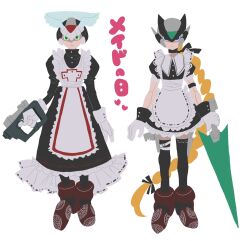 Rule 34 | 2boys, black dress, black helmet, crossdressing, cyber elf x (mega man), dress, energy sword, full body, gun, halo, helmet, highres, holding, holding gun, holding sword, holding weapon, maid, maid day, male focus, male maid, mega man (series), mega man zero (series), multiple boys, natsumi 6021, simple background, sword, weapon, white background, x (mega man), z saber, zero(z) (mega man), zero (mega man)