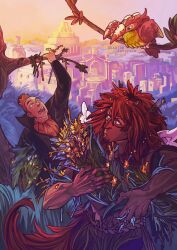 2boys ascot bell_tower bird_request branch building calgara city cityscape cowboy_shot dark-skinned_male dark_skin facial_hair forest goatee grass highres in-universe_location k_isterich long_hair looking_at_another looking_back looking_up male_focus montblanc_noland multiple_boys nature one_piece red_hair short_hair tattoo toned toned_male topless_male tribal tribal_tattoo very_long_hair