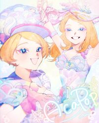 1girl animification character_request disneyland dress dual_persona english_text hair_ornament happy hat highres long_hair looking_at_viewer orange_hair purple_eyes rl10_02 short_hair simple_background sleeveless sleeveless_dress smile solo