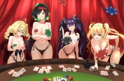 4girls absurdres blonde_hair blush bra breasts card cersea_soulstorm clenched_teeth commission convenient_censoring curtains daisy_dandelion green_eyes green_hair hairband hand_on_own_hip hand_on_table highres holding holding_bra holding_underwear holding_unworn_clothes idol_corp katosh large_breasts lingerie medium_breasts mole mole_under_eye mole_under_mouth multiple_girls navel open_mouth poker poker_chip poker_table purple_eyes purple_hair red_eyes roca_rourin_(vtuber) ruby_runeheart small_breasts table teeth underwear vgen_commission virtual_youtuber