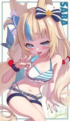1girl ahoge animal_ear_fluff animal_ears bare_arms bare_shoulders bikini blonde_hair blue_bow blue_hair blue_nails bow breasts eating food hair_bow highres holding holding_food holding_popsicle indie_virtual_youtuber long_hair multicolored_hair navel open_mouth popsicle sameko_saba shafurakafusha short_shorts shorts small_breasts solo stomach swimsuit tail tongue tongue_out twintails very_long_hair virtual_youtuber