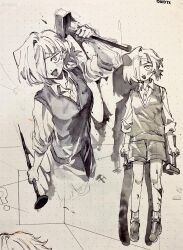 1girl blood blood_on_leg blush collared_shirt greyscale hair_over_one_eye hammer highres holding holding_hammer holding_nail kampuzu kromer_(project_moon) limbus_company low_ponytail monochrome multiple_views nail nail_(hardware) open_mouth ponytail project_moon shirt shoes short_hair shorts smile socks sweater_vest