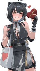 1girl absurdres antenna_hair bag bare_shoulders black_bow black_hair black_shorts bow box breasts colored_inner_hair commentary cowboy_shot cross-laced_clothes cross-laced_dress earrings elbow_pads female_rover_(wuthering_waves) grin hair_bow hair_ribbon heart heart-shaped_box highres holding holding_box jewelry leppib light_blush looking_at_viewer medium_breasts multicolored_hair ribbon rover_(wuthering_waves) short_shorts shorts shoulder_bag simple_background smile solo triangle_earrings white_background white_bag white_hair wuthering_waves yellow_eyes yellow_ribbon