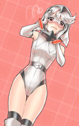 1girl absurdres bare_shoulders black_thighhighs breasts cowboy_shot elbow_gloves eye_mask gloves grey_gloves grey_hair grey_leotard hands_up highres hood hood_up kolby leotard looking_at_viewer open_mouth red_background red_eyes shiny_skin short_hair shy_(character) shy_(series) small_breasts solo squiggle thighhighs