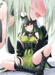 2girls absurdres ahoge animal_ears arknights bare_shoulders belt belt_pouch bent_over black_boots black_collar black_corset black_hair black_jacket black_shorts blurry blurry_foreground blush boots breasts cat_ears collar corset detached_collar dress extra_ears green_dress green_eyes green_hair grey_hair highres jacket kal&#039;tsit_(arknights) knee_boots looking_at_viewer material_growth medium_breasts medium_hair mon3tr_(arknights) multicolored_hair multiple_girls open_clothes open_jacket open_mouth oripathy_lesion_(arknights) paid_reward_available pouch shorts sidelocks simple_background sitting sleeveless sleeveless_dress sleeves_past_fingers sleeves_past_wrists streaked_hair thigh_belt thigh_strap white_background yeosi