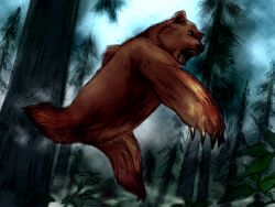 animal animal_focus bear brown_bear claws fangs forest game_cg grass kawano_takuji kicking kuma_(tekken) nature official_art open_mouth sharp_teeth solo teeth tekken tekken_4 training tree