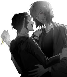 Rule 34 | 2boys, absurdres, collared shirt, commentary request, fang, grin, hand on another&#039;s arm, hand on another&#039;s shoulder, harada mutei, highres, holding, holding pen, jacket, jjeom, korean commentary, long sleeves, male focus, multiple boys, open clothes, open jacket, open mouth, open vest, pen, red eyes, saibou shinkyoku, shirt, short hair, simple background, smile, spot color, utsugi rangiri, vest, white background, yellow eyes
