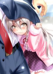 10s 1boy 1girl belt blush braid business_suit formal_clothes hoshi_syoko idolmaster idolmaster_cinderella_girls long_hair necktie producer_(idolmaster) grey_eyes silver_hair skirt suit zen