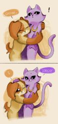 ! 2boys :&lt; :3 absurdres animal_ears black_sclera blush cat_boy cat_ears cat_tail catnap_(poppy_playtime) closed_eyes closed_mouth colored_sclera comic commentary_request cowboy_shot dark_orange_fur dark_purple_fur dog_boy dog_ears dog_tail dogday_(poppy_playtime) happy highres hug looking_at_another male_focus moon_(ornament) multicolored_fur multiple_boys orange_fur poppy_playtime purple_fur smile smiling_critters speech_bubble spoken_exclamation_mark standing sun_(ornament) sun_symbol surprise_hug surprised tagme tail tail_raised tail_wagging talking white_eyes
