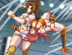 2girls boots borrowed_character breasts brown_eyes brown_hair cleavage fingerless_gloves gloves kusakabe_hikari midriff multiple_girls navel ohma_shinobu one_eye_closed orange_hair original parted_bangs ponytail shiny_skin short_ponytail taroimo_(00120014) wince wrestling_outfit wrestling_ring