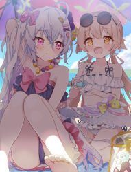 2girls ahoge azusa_(blue_archive) azusa_(swimsuit)_(blue_archive) barefoot big_brother_(blue_archive) bikini blue_archive blue_bikini brown_hair closed_mouth commentary_request eyewear_on_head feathered_wings frilled_bikini frills green_halo halo halterneck hifumi_(blue_archive) hifumi_(swimsuit)_(blue_archive) highres knees_up long_hair lotion mikumiku37 multiple_girls official_alternate_costume open_mouth peroro_(blue_archive) pink_eyes round_eyewear sitting sunglasses sunscreen swimsuit toes twintails very_long_hair wavecat_(blue_archive) white_bikini white_hair white_wings wings yellow_eyes