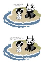 1boy androgynous animated animated_gif beach black_hair black_sclera cape colored_sclera crystal english_text etihw funamusea haiiro_teien hair_ornament horns kcalb ocean peachems_(gemu) summary trembling trolling white_hair