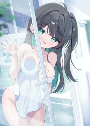 1girl :d against_glass black_hair blush breast_press breasts breasts_on_glass cleavage commentary_request covering_privates cowlick green_eyes green_hair highres indoors large_breasts long_hair looking_at_viewer mikaze_oto multicolored_hair nude_cover open_mouth original smile solo towel very_long_hair wet