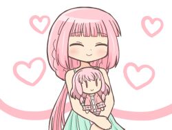 1girl ^_^ bad_id bad_pixiv_id blunt_bangs character_doll closed_eyes commentary_request cowboy_shot doll dress facing_viewer green_dress heart holding holding_doll long_hair magia_record:_mahou_shoujo_madoka_magica_gaiden mahou_shoujo_madoka_magica pink_eyes pink_hair reverse_(bluefencer) sidelocks smile solo tamaki_iroha tamaki_ui tamaki_ui_(hospital_costume)