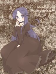 1girl 2013 bead_necklace beads black_dress breasts cleavage dated dress full_body hand_to_own_mouth hand_up happy_birthday jewelry juliet_sleeves long_dress long_hair long_sleeves medium_breasts neck_ring necklace pandora_(saint_seiya) puffy_sleeves saint_seiya shoooootingstar solo