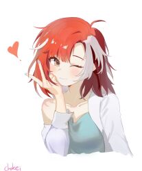 1girl absurdres eika_(strinova) chokei closed_mouth collarbone cropped_torso heart highres long_sleeves looking_at_viewer multicolored_hair nail_polish one_eye_closed red_eyes red_hair short_hair signature simple_background smile solo streaked_hair strinova two-tone_hair upper_body v white_background