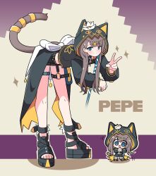 1girl absurdres animal_ears arknights back_bow bare_legs black_jacket black_sandals black_shorts blue_eyes bow brown_background brown_hair cat_ears cat_tail character_name chibi chibi_inset commentary_request cropped_jacket gradient_background highres hood hood_up hooded_jacket infection_monitor_(arknights) jacket korean_commentary long_hair looking_at_viewer malrangdonut open_mouth palms_together pepe_(arknights) platform_sandals purple_background sandals shorts simple_background smile sparkle tail v