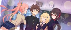 Rule 34 | 1boy, 3girls, :d, ahoge, beads, bespectacled, blazer, blonde hair, blue jacket, blue necktie, blue skirt, blush, bow, braid, breasts, brown hair, brown sweater, chalkboard, classroom, closed eyes, collared shirt, contemporary, crown braid, diagonal-striped clothes, diagonal-striped necktie, erika (konosuba), food-themed hair ornament, gakuran, game cg, glasses, grape hair ornament, green eyes, grin, hair beads, hair bow, hair ornament, hair over shoulder, hair ribbon, harem, highres, holding another&#039;s arm, indoors, iris (konosuba), jacket, kono subarashii sekai ni shukufuku wo!, konosuba! fantastic days, large breasts, leaning forward, long hair, long sleeves, looking at another, low twintails, male focus, miniskirt, multiple girls, necktie, official alternate costume, official art, open mouth, pink eyes, pink hair, plaid clothes, plaid skirt, pleated skirt, red-framed eyewear, red bow, red necktie, red ribbon, ribbon, satou kazuma, school uniform, shade, shirt, short hair, side braid, sidelocks, skirt, smile, sparkle, striped clothes, sweater, twintails, two-tone necktie, white shirt, yunyun (konosuba)