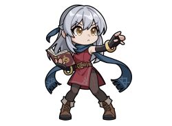 1girl artist_request belt blue_scarf book boots chibi closed_mouth commentary elbow_gloves english_commentary fingerless_gloves fire_emblem fire_emblem:_radiant_dawn fire_emblem_heroes gloves highres holding holding_book long_hair looking_afar micaiah_(fire_emblem) nintendo open_book outstretched_arm pantyhose scarf simple_background solo standing white_background white_hair yellow_eyes
