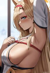 1girl absurdres alternate_eye_color animal_ears areola_slip arm_up armpits artist_name blonde_hair blue_archive blue_eyes blurry blurry_background blush breasts chromiaart closed_mouth commentary detached_sleeves extra_ears eyelashes eyeshadow fox_ears from_side hair_behind_ear hairband halo hand_up highres japanese_clothes kaho_(blue_archive) kimono large_breasts long_hair long_sleeves looking_at_viewer makeup mole mole_under_mouth orange_halo presenting_armpit profile red_hairband seductive_smile short_eyebrows sideboob sideless_kimono sleeveless sleeveless_kimono smile solo split_mouth straight_hair thick_eyebrows upper_body very_long_hair white_kimono white_sleeves