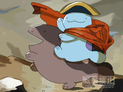 bicorne cape clodsire clothed_pokemon cosplay creatures_(company) fine_art_parody game_freak gen_2_pokemon hat looking_at_viewer napoleon_bonaparte napoleon_bonaparte_(cosplay) napoleon_crossing_the_alps nintendo no_humans parody pic_koiwai pokemon pokemon_(creature) quagsire rearing riding riding_pokemon smile twitter_username
