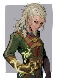 1girl absurdres angry baldur&#039;s_gate baldur&#039;s_gate_3 braid brown_eyes brown_gloves dungeons_&amp;_dragons dungeons_&amp;_dragons gloves grey_background grey_hair highres jaheira long_hair long_sleeves looking_at_viewer magic mature_female outside_border sash sho_dora solo upper_body wrinkled_skin