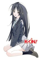 1girl :d absurdres akiyama_mio black_eyes black_hair blazer blush cool_off highres jacket k-on! loafers long_hair long_sleeves looking_at_viewer open_mouth parted_bangs pleated_skirt ribbon sakuragaoka_high_school_uniform school_uniform shoes sitting skirt smile socks solo white_background
