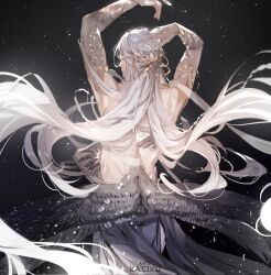 Rule 34 | 1boy, arm guards, armlet, arms up, back, black background, black wings, braid, commentary, cowboy shot, disembodied hand, english commentary, facing away, feathered wings, from behind, half updo, hand on another&#039;s back, highres, jewelry, kat1ko0, light particles, long hair, low wings, male focus, mei nianqing, profile, purple robe, robe, side braids, solo, standing, tianguan cifu, topless male, very long hair, white hair, wings