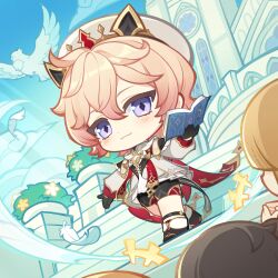 1boy 1girl 2others :3 absurdres bird black_boots black_gloves black_shorts book boots chibi closed_mouth commentary dahlia_(genshin_impact) dot_nose english_commentary falling_feathers feathers genshin_impact gloves hair_between_eyes hat highres holding holding_book long_sleeves looking_at_viewer medium_hair multiple_others official_art open_book pink_hair puffy_long_sleeves puffy_sleeves purple_eyes short_shorts shorts solo_focus standing symbol-shaped_pupils white_hat wooden_stairs